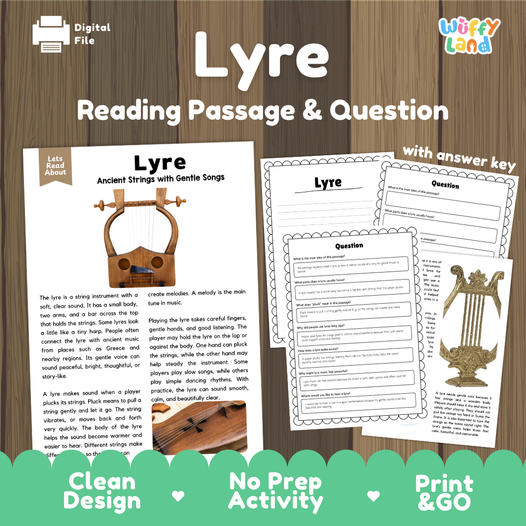 Lyre reading comprehension passage and questions printable activity pack with answer key for elementary students