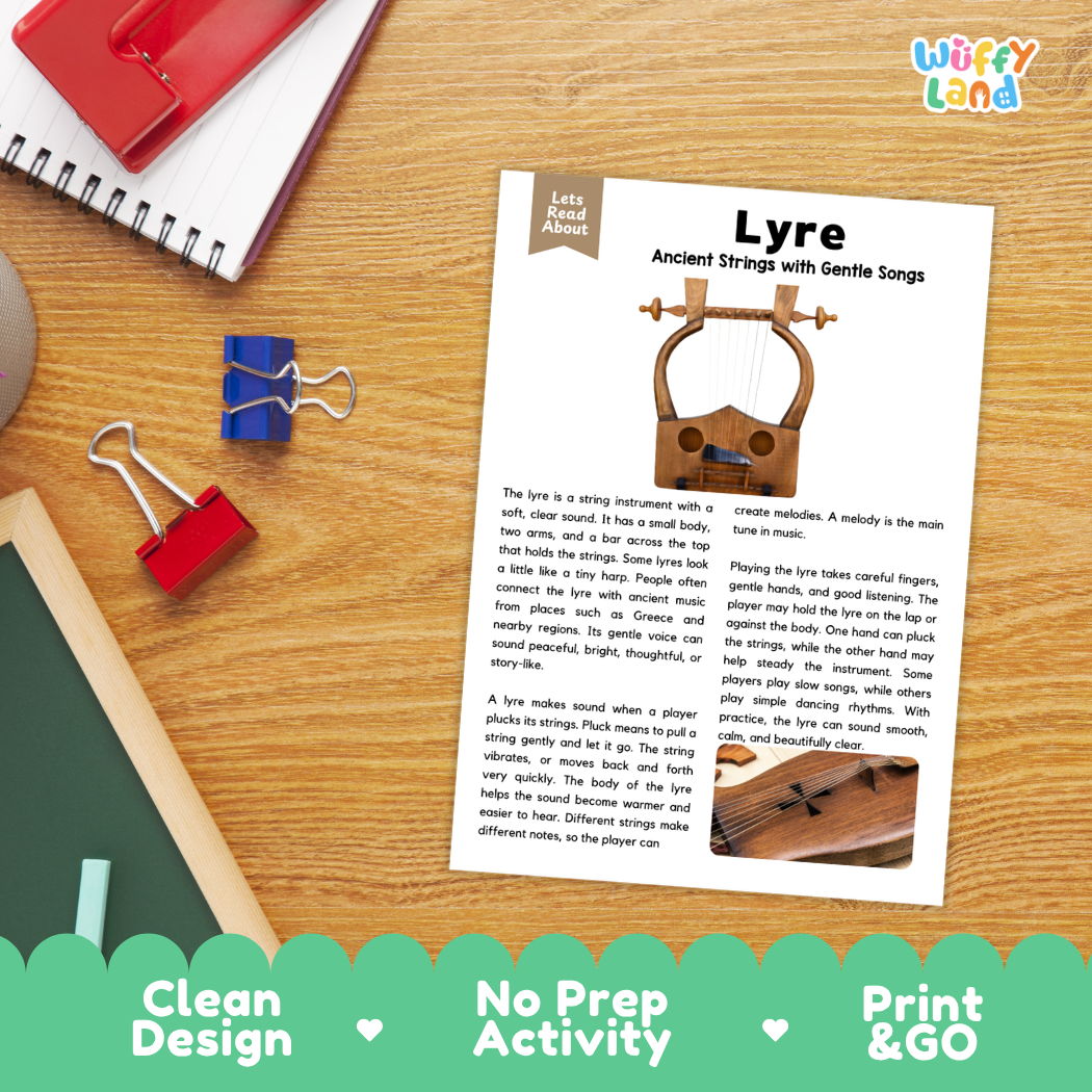 Student reading comprehension worksheet with short-answer questions and lined sections about the lyre instrument