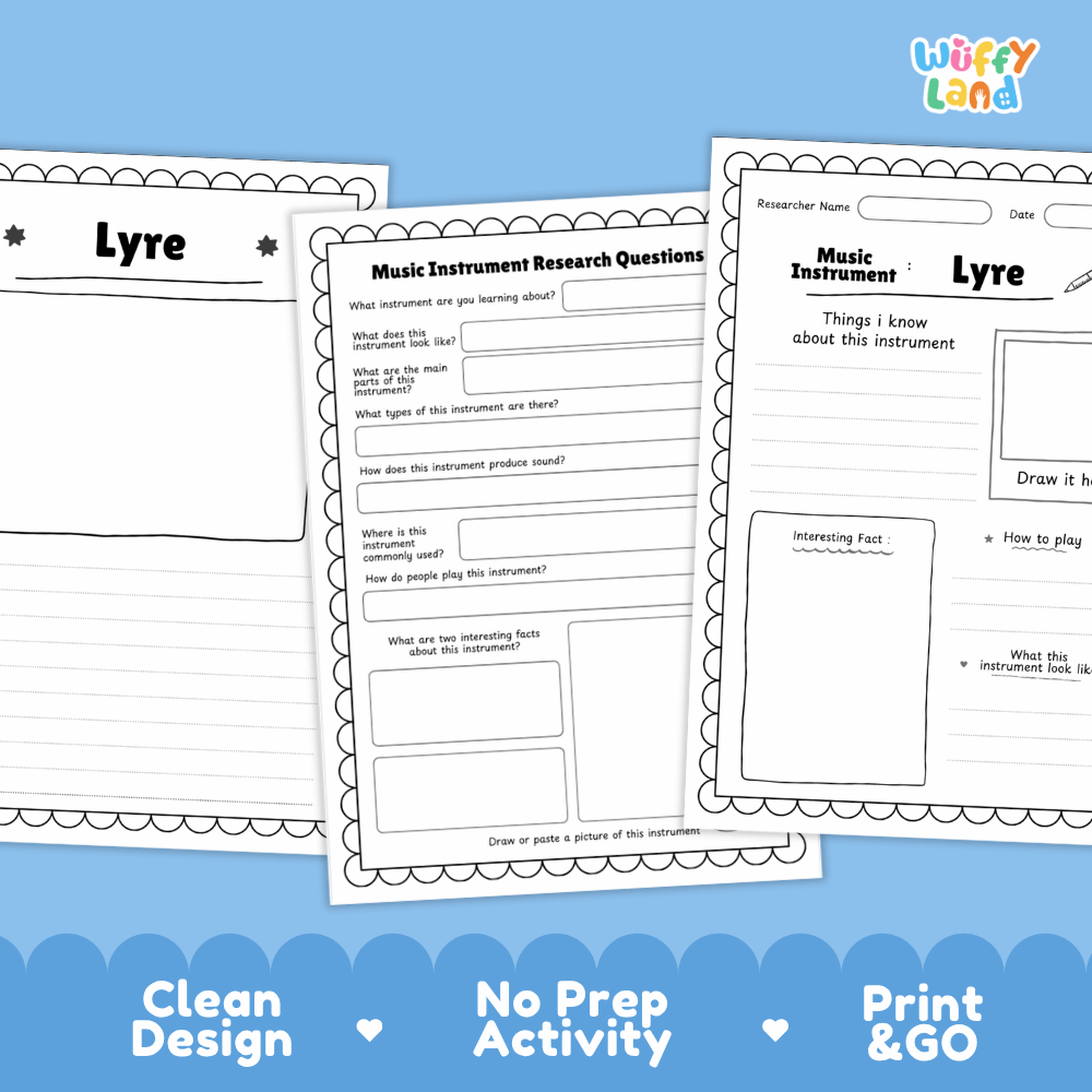 Lyre Music Research Page Worksheets and Fact Sheet