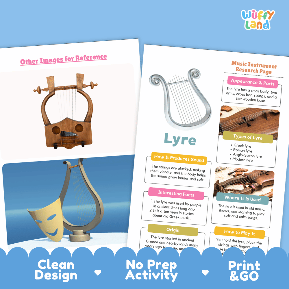Lyre Music Research Page Worksheets and Fact Sheet