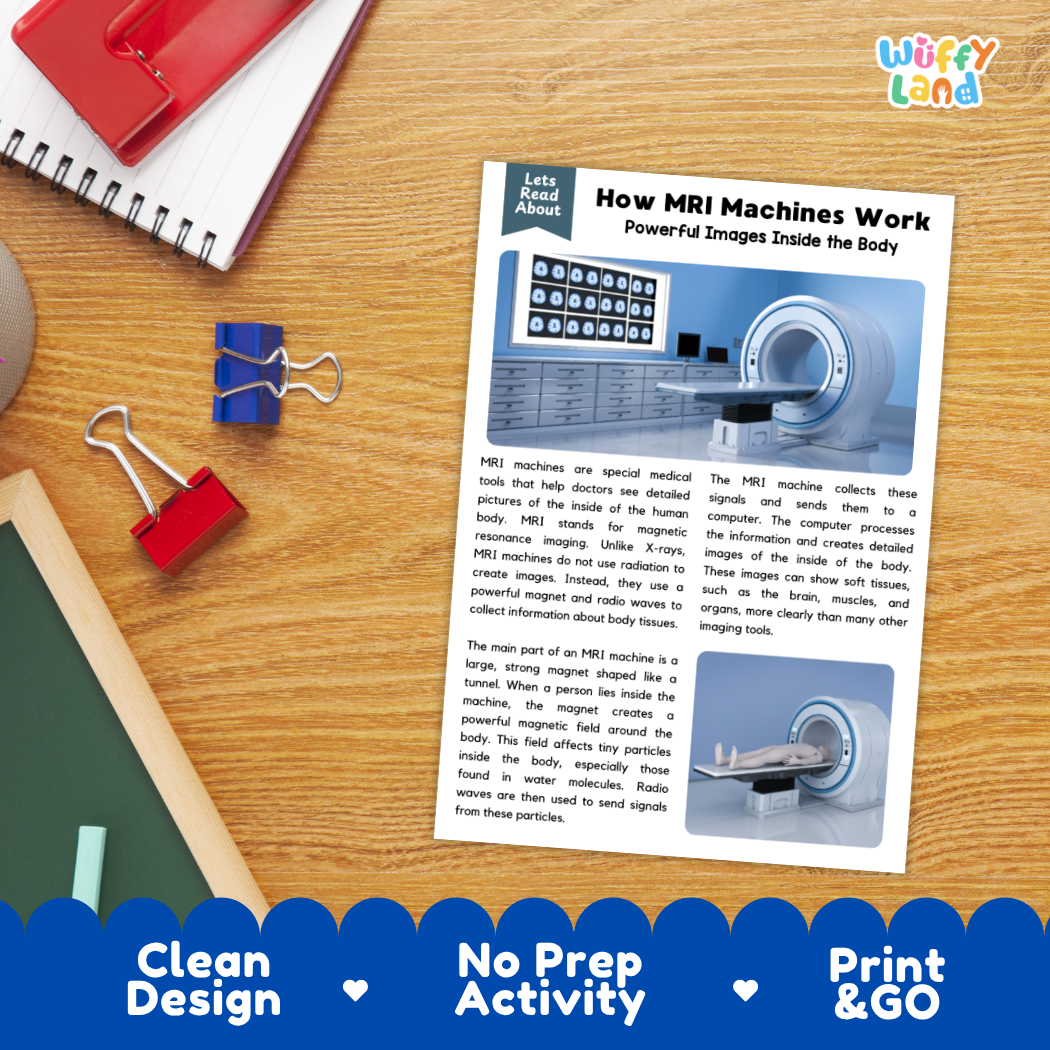 Printable student worksheet with short-answer reading comprehension questions covering MRI machines and medical science