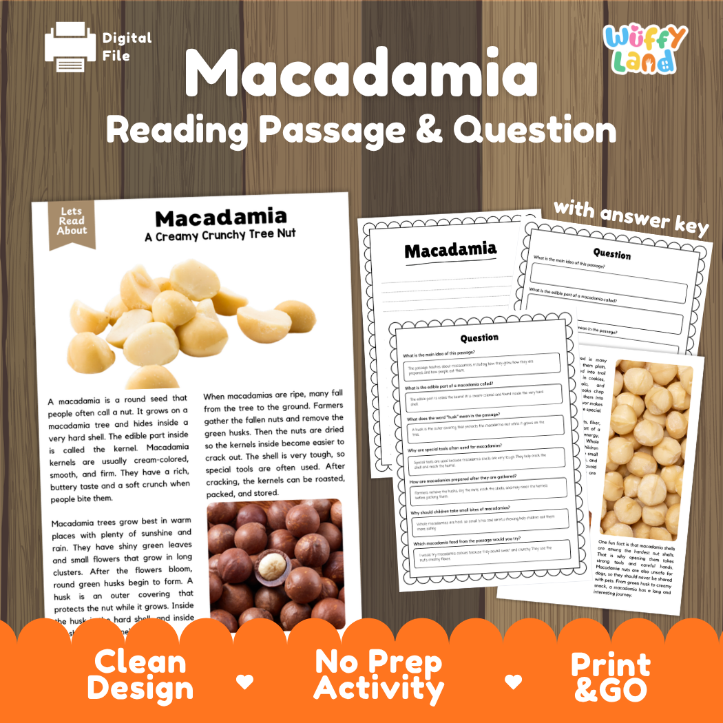 Digital reading passage and activity sheet set about macadamia nuts, shown on a wood background with printed preview pages, answer key, and promotional text.