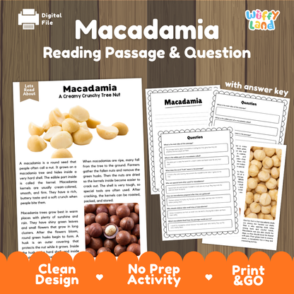 Digital reading passage and activity sheet set about macadamia nuts, shown on a wood background with printed preview pages, answer key, and promotional text.