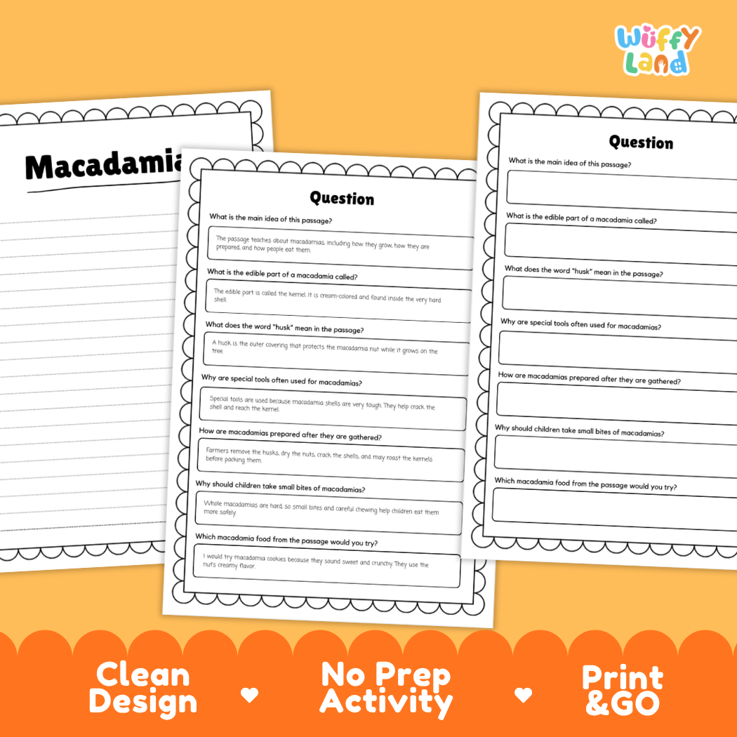 Three printed worksheet pages about macadamia are shown on a bright orange background with decorative text reading 'Clean Design', 'No Prep Activity', and 'Print & GO'. The top right shows the brand name 'Wiffly Land'.
