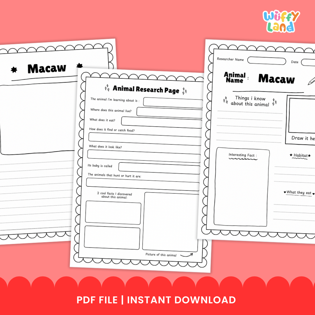 Educational printable pack titled “Macaw Animal Research Project” displayed on a wooden background. The set includes colorful photo reference pages of macaws and black-and-white research worksheets for students to fill in information such as habitat, diet, life cycle, adaptations, and interesting facts. 