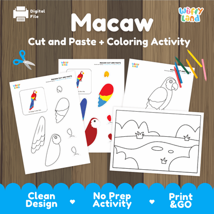 Macaw Cut and Paste Craft and Coloring Activity Worksheets