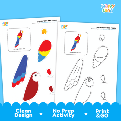 Macaw Cut and Paste Craft and Coloring Activity Worksheets