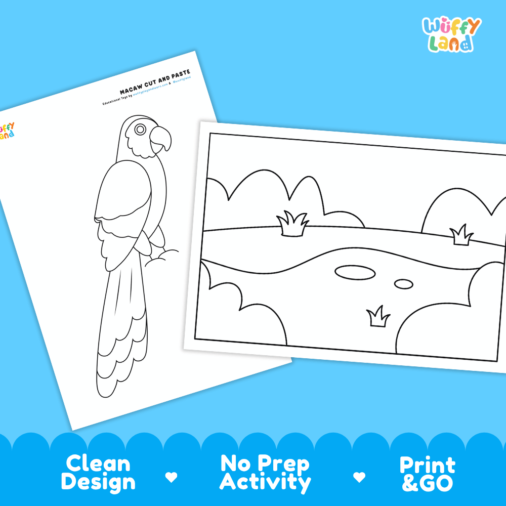 Macaw Cut and Paste Craft and Coloring Activity Worksheets
