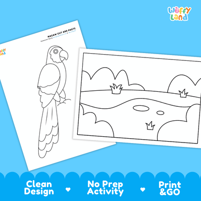 Macaw Cut and Paste Craft and Coloring Activity Worksheets