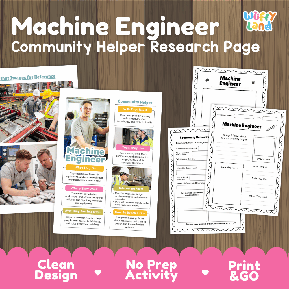 Machine engineer community helper research page writing worksheets pack featuring real photos and student activity pages for elementary social studies and STEM