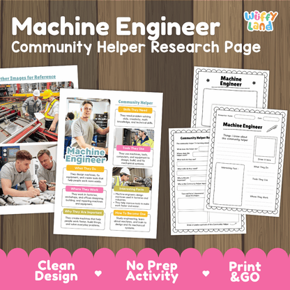 Machine engineer community helper research page writing worksheets pack featuring real photos and student activity pages for elementary social studies and STEM