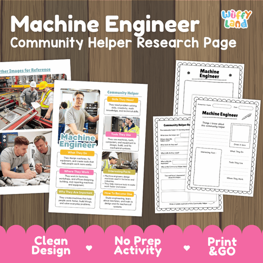 Machine engineer community helper research page writing worksheets pack featuring real photos and student activity pages for elementary social studies and STEM