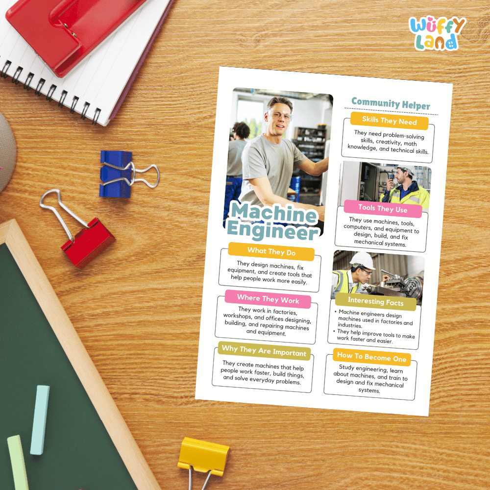 Guided student writing worksheets with lined sections for recording facts and a dedicated box for drawing or pasting a picture of a machine engineer