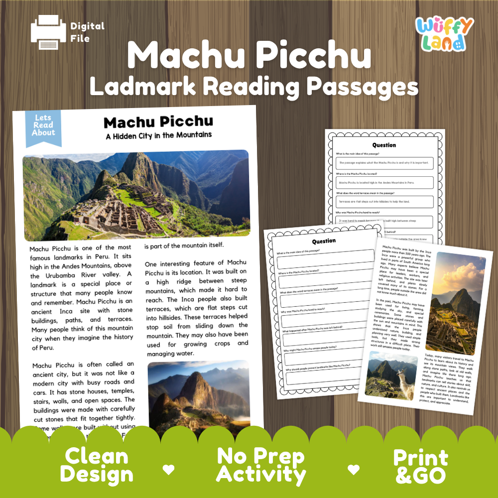 Digital reading activity bundle for Machu Picchu by Wiffly Land, featuring a sample reading passage, worksheet pages, and a border banner on a wood-grain background.