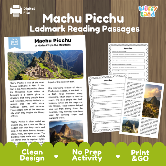 Digital reading activity bundle for Machu Picchu by Wiffly Land, featuring a sample reading passage, worksheet pages, and a border banner on a wood-grain background.