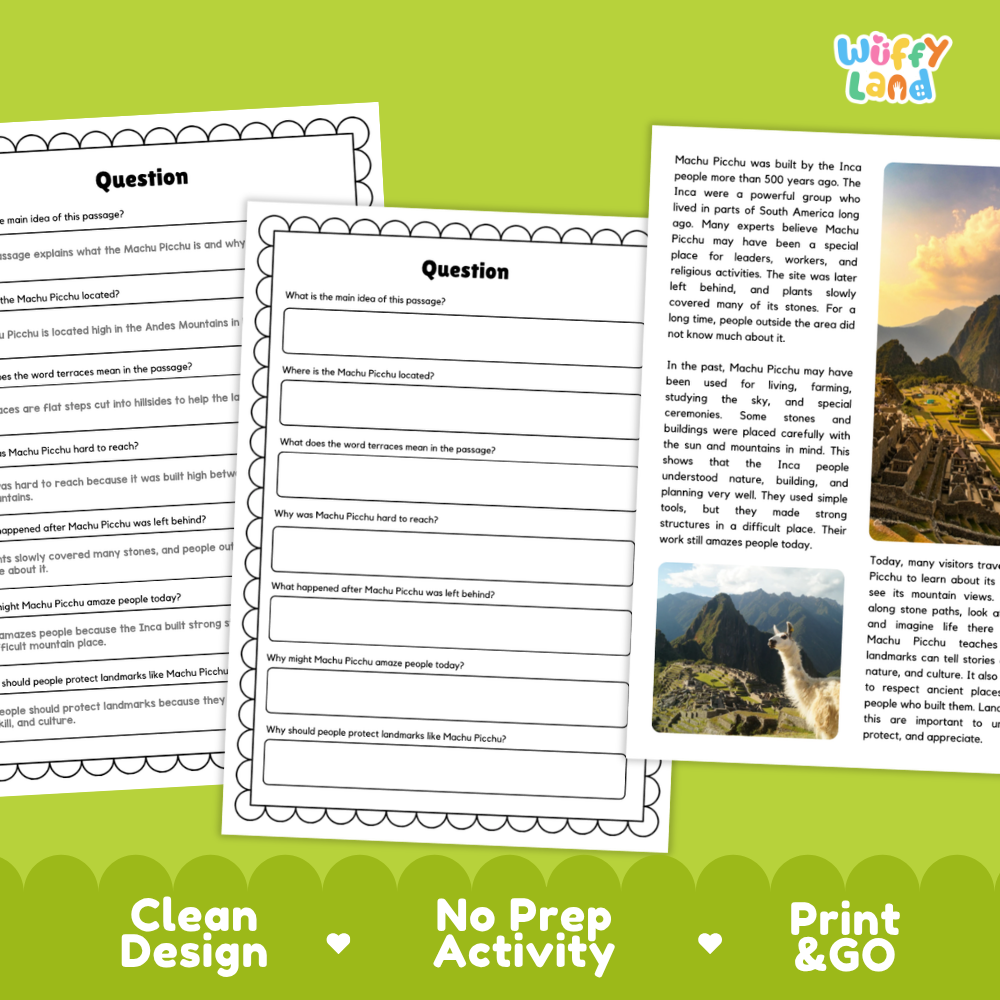 Three printable educational worksheet pages about Muachu Pichu are shown on a green background with promotional text reading 'Clean Design,' 'No Prep Activity,' and 'Print & GO.' The pages include text boxes, a short answer section, and a small landscape photo on one page.
