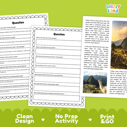 Three printable educational worksheet pages about Muachu Pichu are shown on a green background with promotional text reading 'Clean Design,' 'No Prep Activity,' and 'Print & GO.' The pages include text boxes, a short answer section, and a small landscape photo on one page.