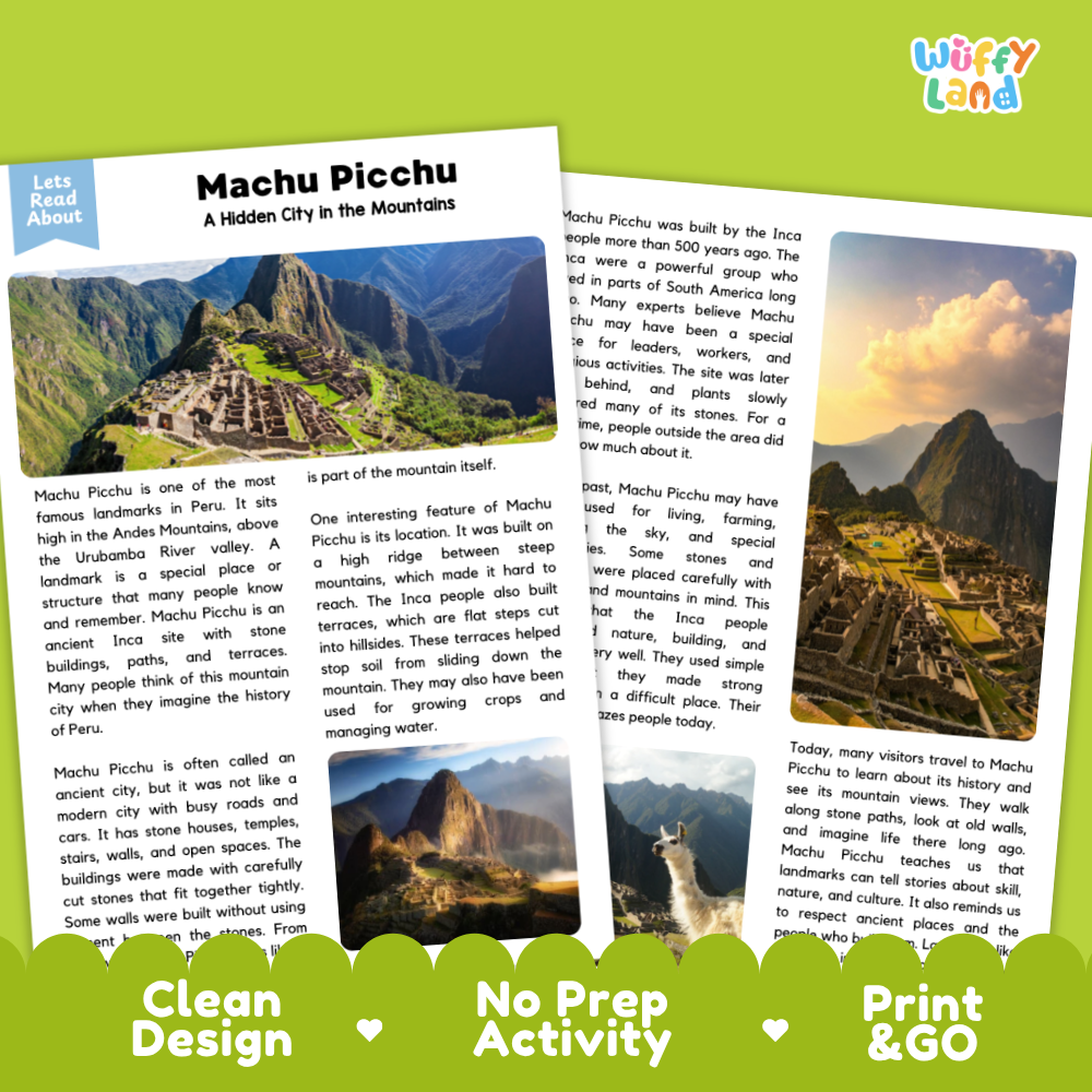 Two printed educational activity sheets about Machu Picchu from 'Let's Read About' by Wuffly Land, displayed on a white background with promotional text highlighting clean design, no prep activity, and print & go use.