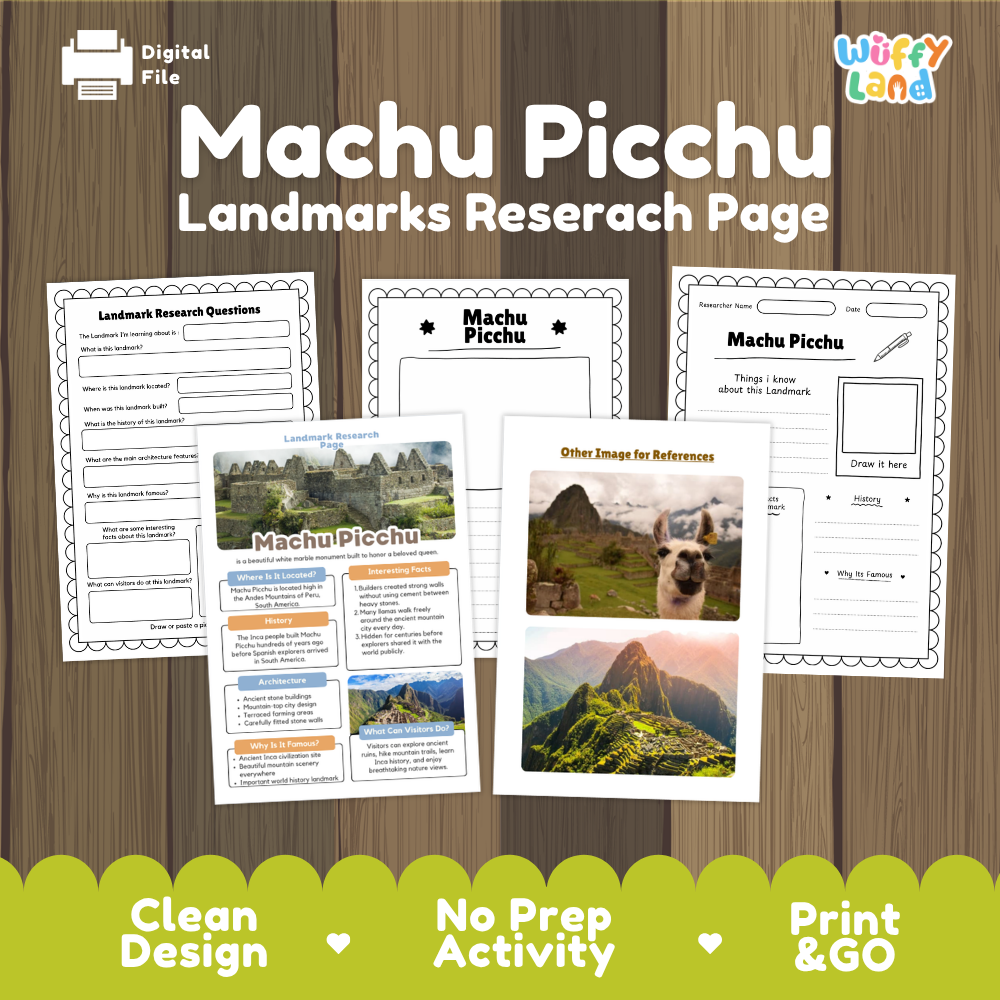 Digital worksheet cover for a Machu Picchu landmarks research page activity, shown on a wood background with several printed worksheet pages and reference images. The top text reads 'Machu Picchu Landmarks Researach Page' and the brand 'Wiffly Land' appears in the top right.