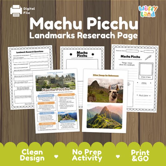 Digital worksheet cover for a Machu Picchu landmarks research page activity, shown on a wood background with several printed worksheet pages and reference images. The top text reads 'Machu Picchu Landmarks Researach Page' and the brand 'Wiffly Land' appears in the top right.