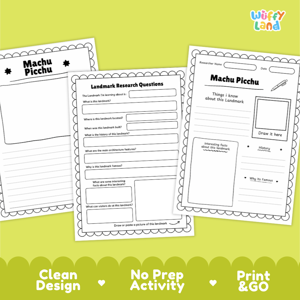 Three printable worksheet pages for a Machu Picchu landmarker activity, shown on a bright yellow-green background with decorative text at the bottom. The pages contain fill-in lines, drawing boxes, and labeled sections for research questions and observations.