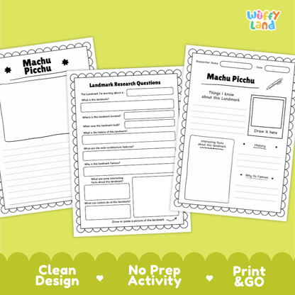 Three printable worksheet pages for a Machu Picchu landmarker activity, shown on a bright yellow-green background with decorative text at the bottom. The pages contain fill-in lines, drawing boxes, and labeled sections for research questions and observations.