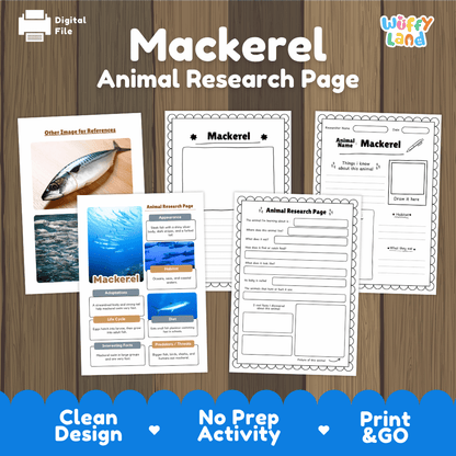 Mackerel Animal Research Page Worksheets and Fact Sheet Activity