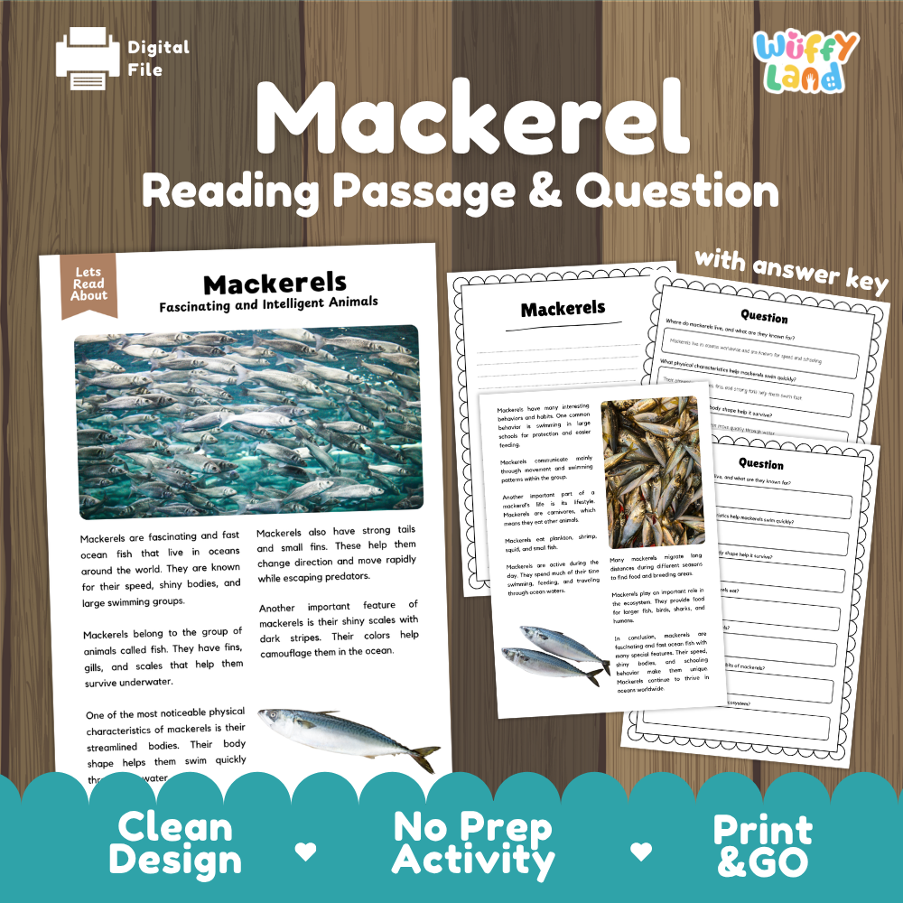 Digital reading activity bundle for 'Mackerel' featuring a reading passage, comprehension questions, and an answer key, presented on a wood-grain background with promotional text at the bottom.