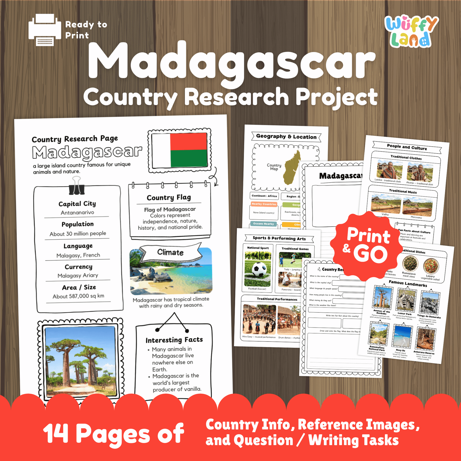 Printable Madagascar country research project for kids featuring an overview page with facts such as capital city, population, language, climate, and flag, along with additional worksheets on geography and location, people and culture, sports and performing arts, famous landmarks, and a student research response page designed for classroom or homeschool use.
