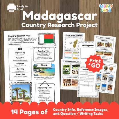 Printable Madagascar country research project for kids featuring an overview page with facts such as capital city, population, language, climate, and flag, along with additional worksheets on geography and location, people and culture, sports and performing arts, famous landmarks, and a student research response page designed for classroom or homeschool use.