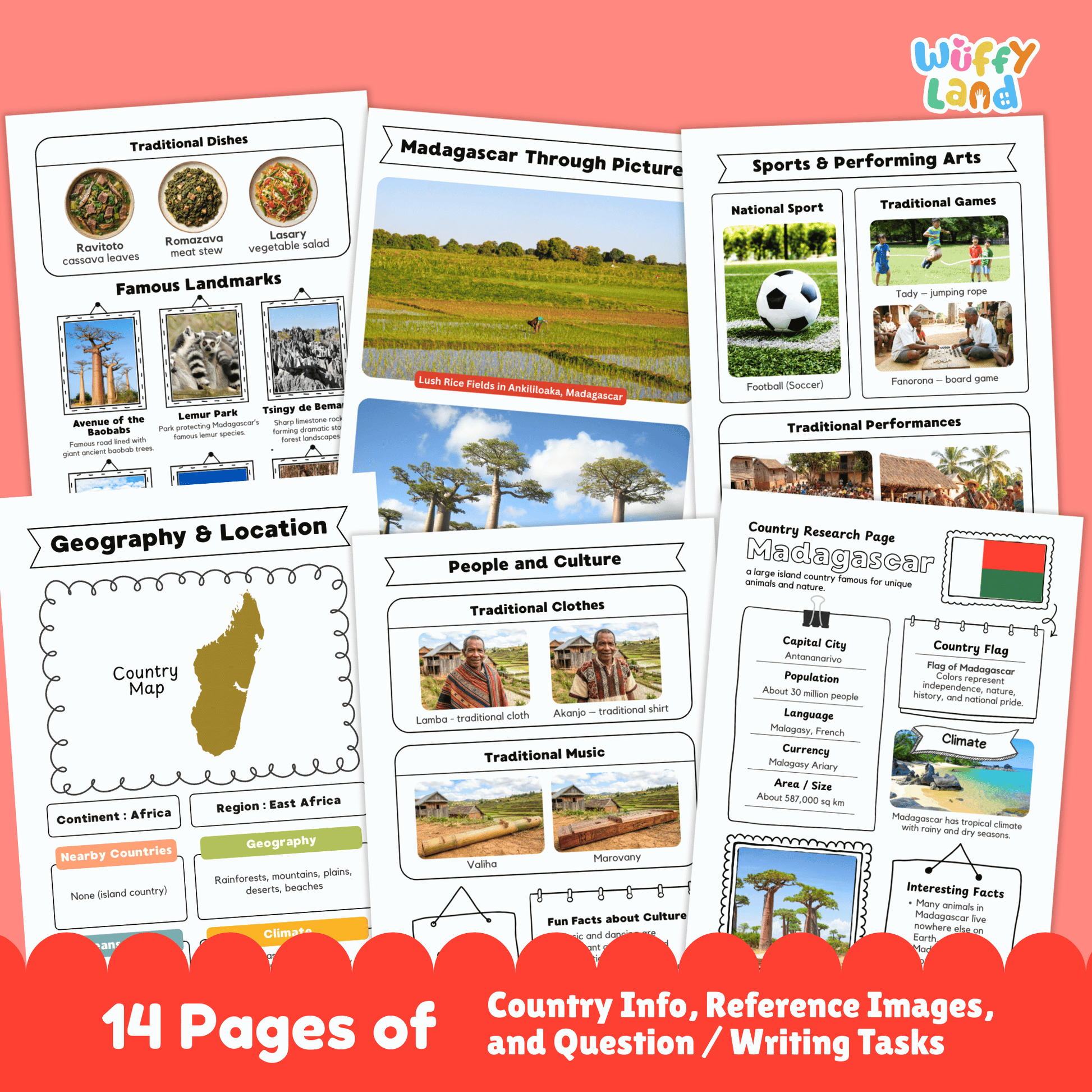 Printable Madagascar country research project for kids featuring an overview page with facts such as capital city, population, language, climate, and flag, along with additional worksheets on geography and location, people and culture, sports and performing arts, famous landmarks, and a student research response page designed for classroom or homeschool use.