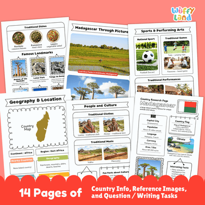 Printable Madagascar country research project for kids featuring an overview page with facts such as capital city, population, language, climate, and flag, along with additional worksheets on geography and location, people and culture, sports and performing arts, famous landmarks, and a student research response page designed for classroom or homeschool use.