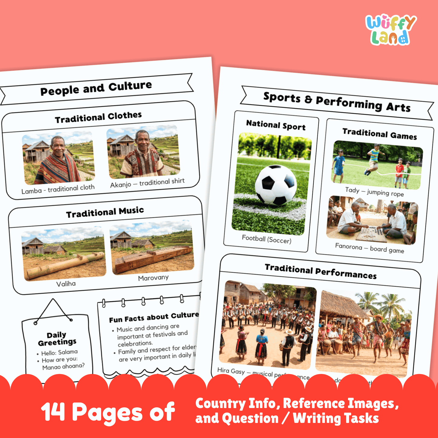 Printable Madagascar country research project for kids featuring an overview page with facts such as capital city, population, language, climate, and flag, along with additional worksheets on geography and location, people and culture, sports and performing arts, famous landmarks, and a student research response page designed for classroom or homeschool use.