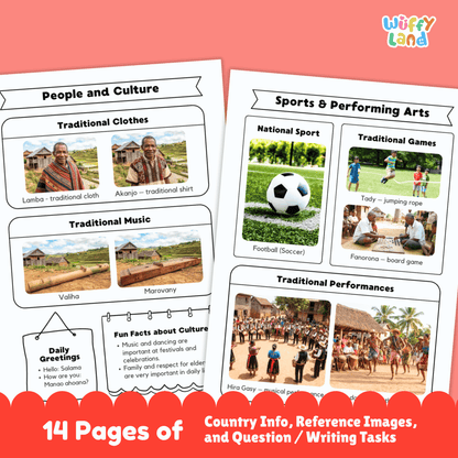 Printable Madagascar country research project for kids featuring an overview page with facts such as capital city, population, language, climate, and flag, along with additional worksheets on geography and location, people and culture, sports and performing arts, famous landmarks, and a student research response page designed for classroom or homeschool use.