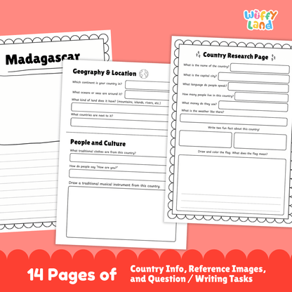 Printable Madagascar country research project for kids featuring an overview page with facts such as capital city, population, language, climate, and flag, along with additional worksheets on geography and location, people and culture, sports and performing arts, famous landmarks, and a student research response page designed for classroom or homeschool use.