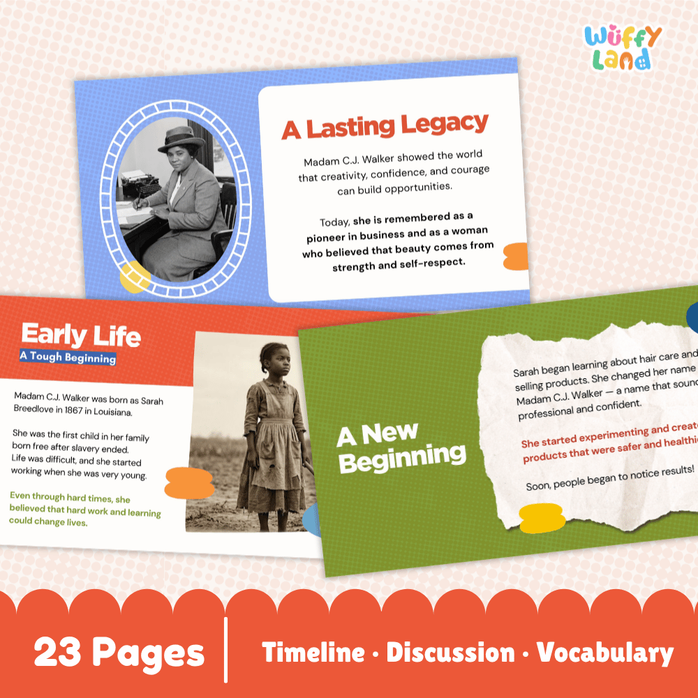 Educational worksheet set cover titled 'Wiffy Land' showing three colorful page previews with text sections about Madam C.J.