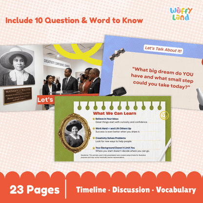 Promotional graphic for a children's educational book set titled 'Madamah Witter' by Wuffy Land. The graphic features a collage of book pages, a black-and-white historical photo, and text highlighting that the package includes 10 question and word-to-know prompts and 23 pages covering timeline, discussion, and vocabulary.
