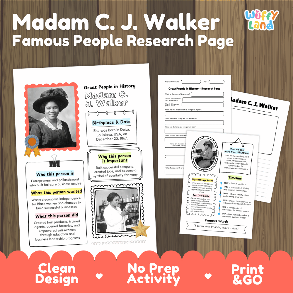 Madam C. J. Walker Famous People Research Page Worksheets and Biography Activity