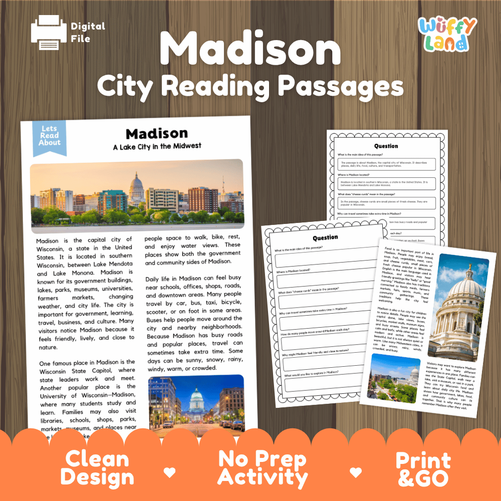 Madison city reading passages and comprehension worksheet educational unit featuring nonfiction text and authentic Madison Wisconsin capitol and lake photography
