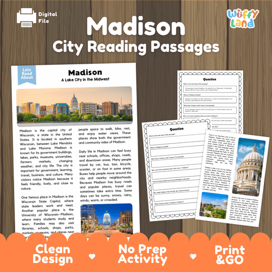 Madison city reading passages and comprehension worksheet educational unit featuring nonfiction text and authentic Madison Wisconsin capitol and lake photography