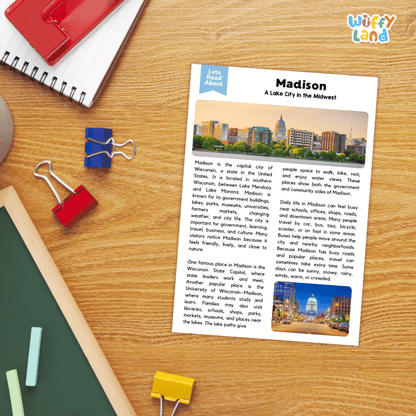 Lined reading comprehension question worksheet covering main ideas vocabulary terms and landmark facts about Madison Wisconsin