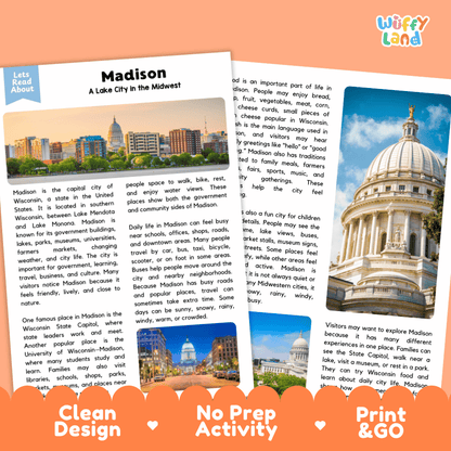 Reference sheet and answer key for Madison landmark reading passage displaying completed comprehension answers and United States geography facts