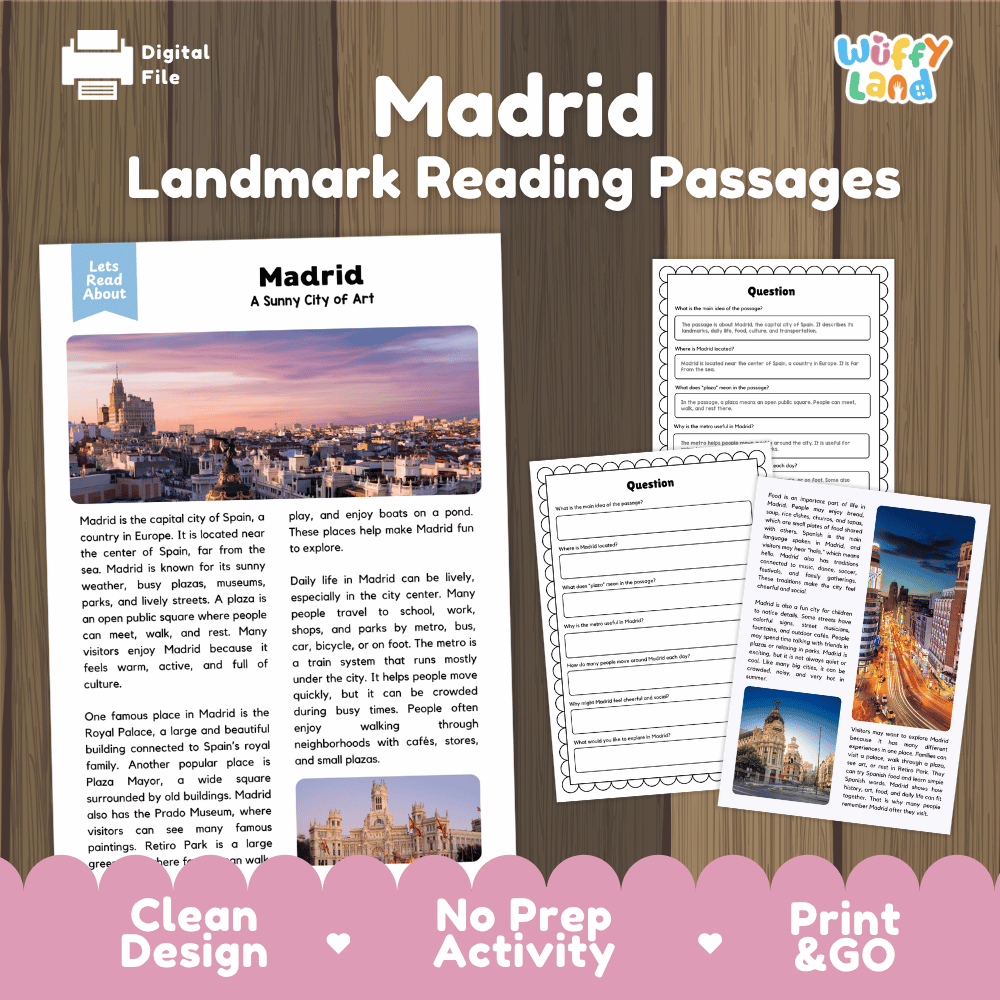 Madrid landmark reading passage and comprehension worksheet educational unit featuring nonfiction text and authentic Spanish architecture and skyline photography