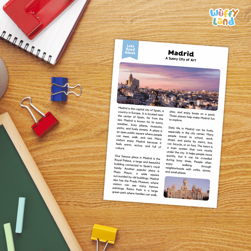 Lined reading comprehension question worksheet covering main ideas vocabulary terms and landmark facts about Madrid Spain