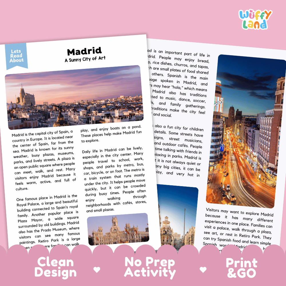 Reference sheet and answer key for Madrid landmark reading passage displaying completed comprehension answers and European geography facts