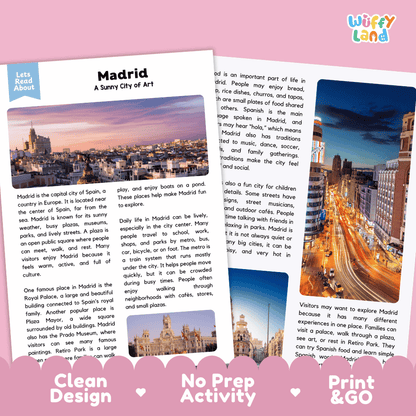 Reference sheet and answer key for Madrid landmark reading passage displaying completed comprehension answers and European geography facts