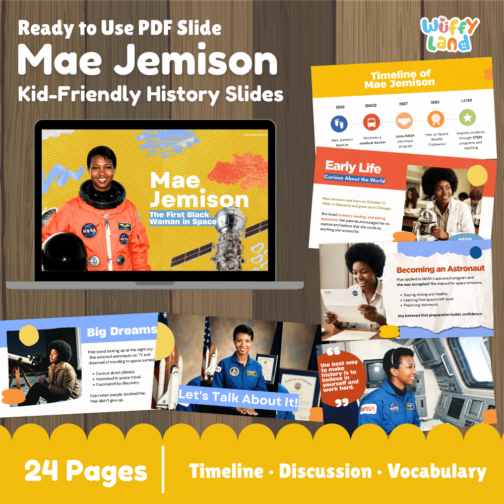 Promotional graphic for a digital product: 'Mae Jemison Kid-Friendly History Slides' by Wiffly Land. The image shows a laptop mockup displaying the slide deck cover, surrounded by sample slide thumbnails including timelines, discussion questions, and vocabulary cards.