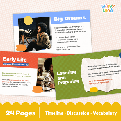 A product preview graphic for a children's educational timeline book titled 'Wuffy Land'. The image shows three sample pages with colorful headers ('Big Dreams', 'Early Life', 'Learning and Preparing') and text blocks, set against a light pink patterned background with a yellow banner at the bottom reading '24 Pages | Timeline · Discussion · Vocabulary'.