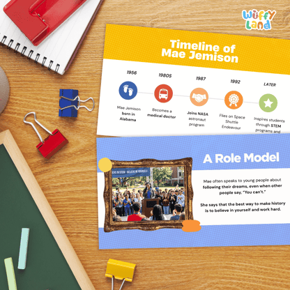 A printed educational poster titled 'Timeline of Mae Jemison' laid on a wooden desk, with a second page showing a photo and text about her as a role model. The poster is styled with clipboards, notebooks, chalk, and other school supplies around it.