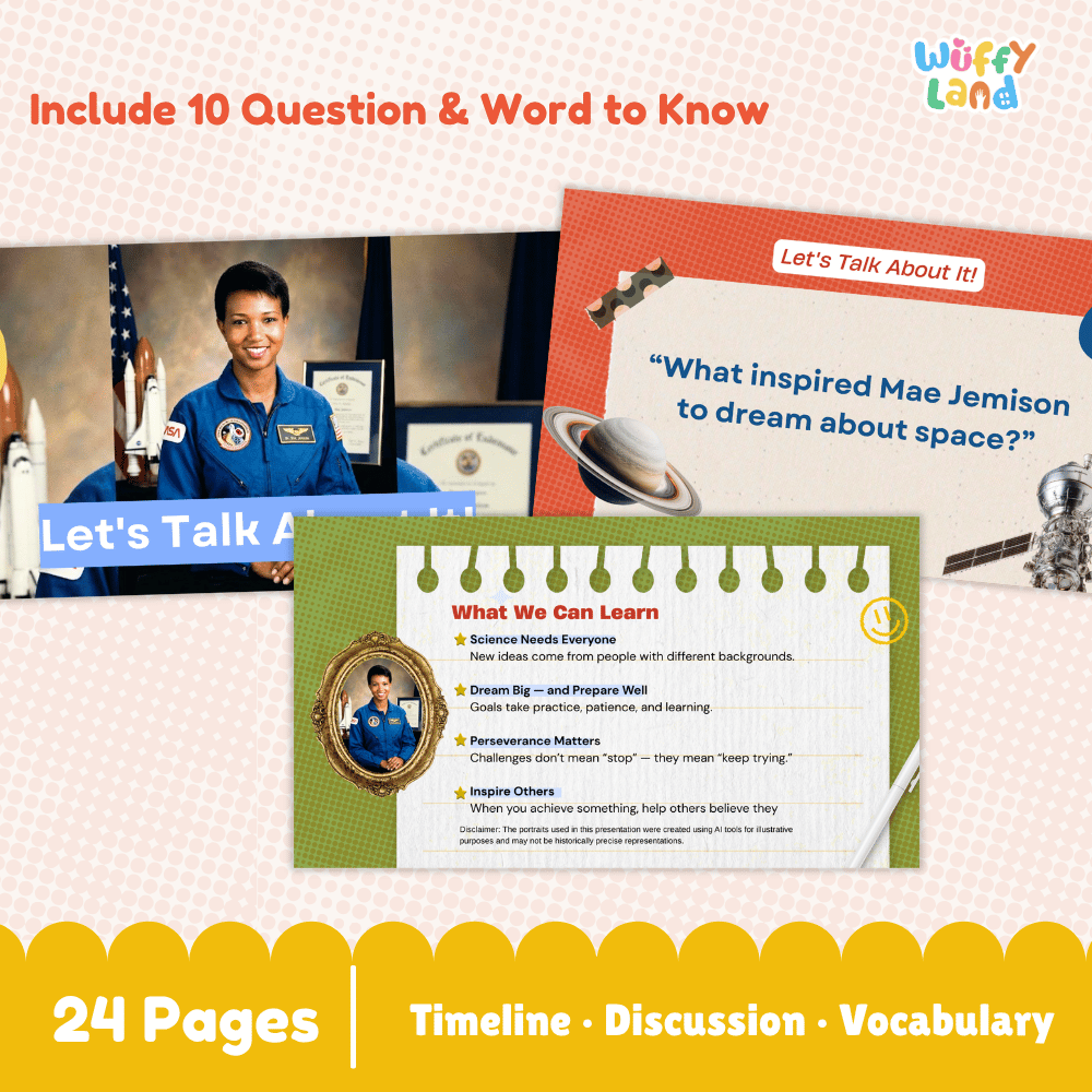 Educational space-themed worksheet bundle cover by Wuffy Land, featuring a collage of printed pages and photos including Mae Cernan, with text reading 'Include 10 Question & Word to Know' and '24 Pages | Timeline | Discussion | Vocabulary'.